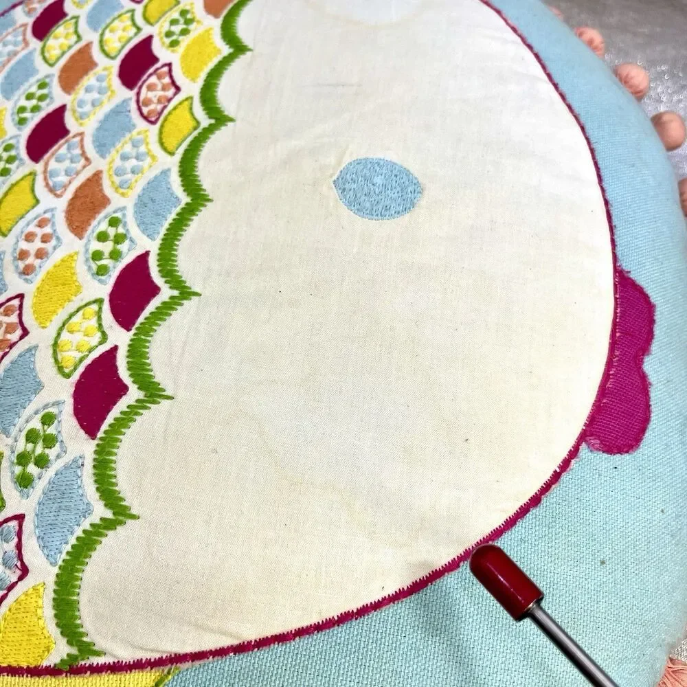 POTTERY BARN KIDS Decorative Throw Fish Pillow Round with Pom Pom Edge